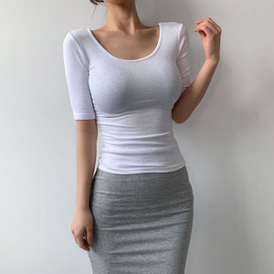 여성 골지 스판 타이트 유넥 반팔 티셔츠 (5 Color)