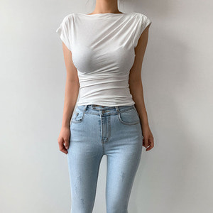 여성 입술넥 슬림핏 셔링 반팔 티셔츠 (4 Color)