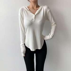 여성 여리핏 루즈 브이넥 트임 후드넥 긴팔 티셔츠 (4 Color)