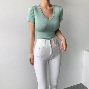 여자 찰랑 스판 슬림핏 브이넥 기본 크롭 반팔 티셔츠 (5 Color)