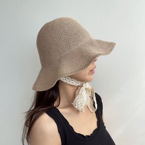 예쁜 레이스 턱끈 자외선 차단 밀짚 벙거지 바캉스 버킷햇 모자 (4 Color)