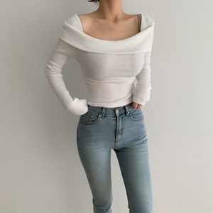 니트 골지 스퀘어넥 오프숄더 슬림핏 크롭 긴팔 티셔츠 (4 Color)
