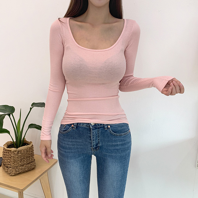 유넥 타이트한 여성 골지 긴팔 슬림 티셔츠 쫄티 (5 Color)
