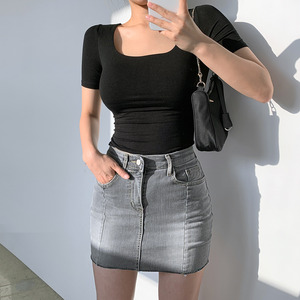 밀착 스퀘어넥 스판 여성 반팔 티셔츠 쫄티 (5 Color)