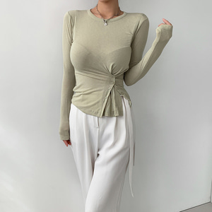 가을 여자 시스루 여리핏 얇은 꼬임 셔링 긴팔 티셔츠 (2 Color)