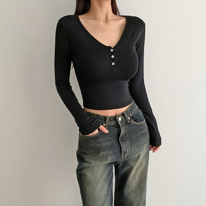 겨울 기모 여자 슬림 골지 스판 단추 크롭 긴팔 티셔츠 (4 Color)